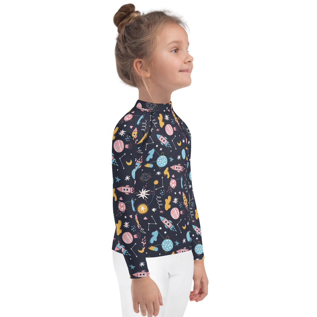 Kids Outer Space Rash Guard Long Sleeve Swim Shirt With UPF 50+