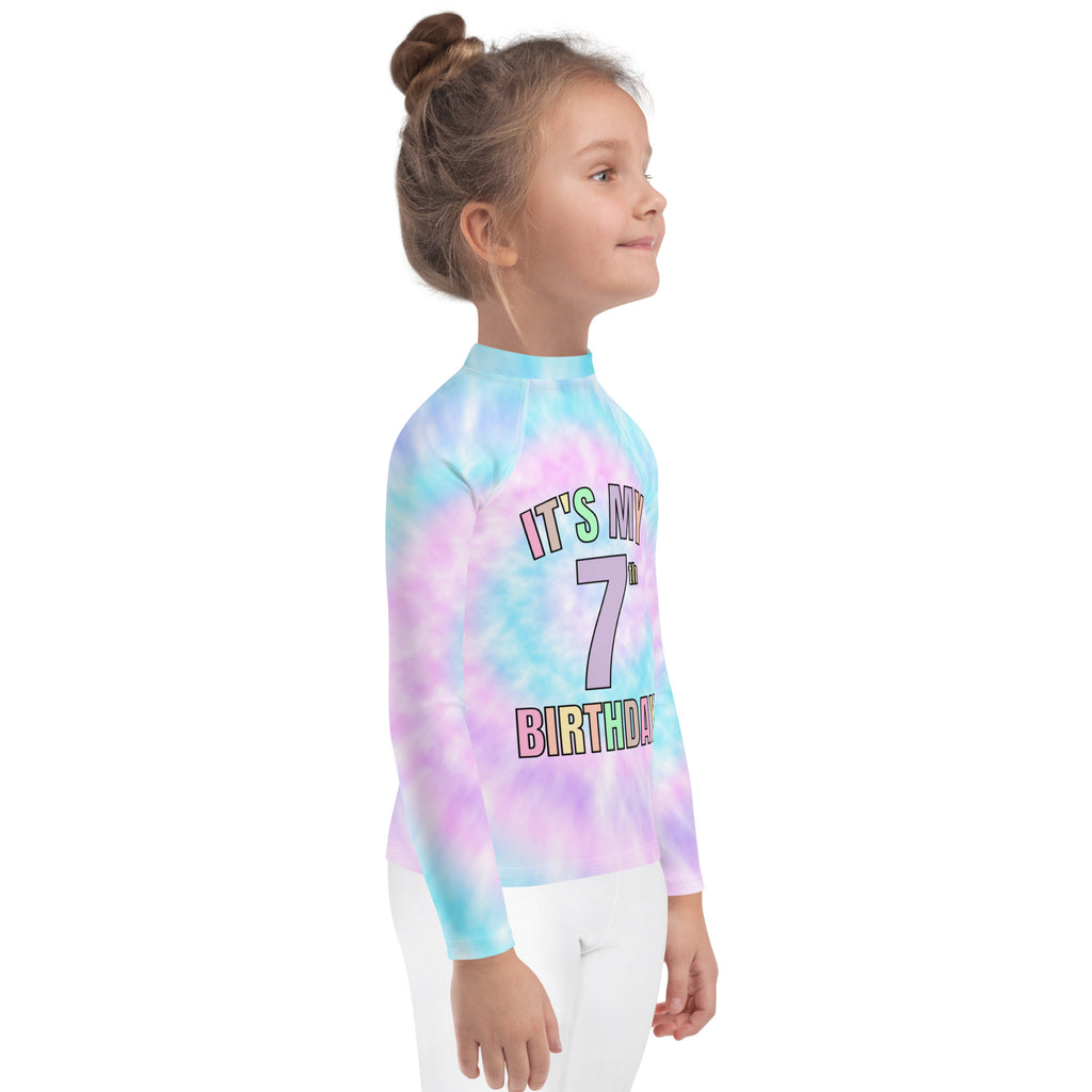 Girls tie dye long-sleeved rash guard swim shirt in pastel blue pink purple with its my 7th birthday text
