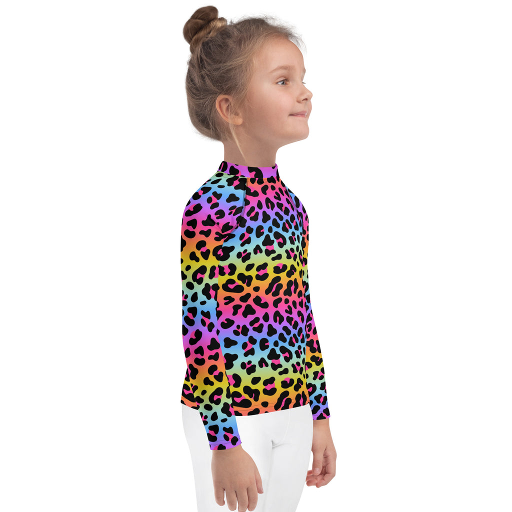 Girls Rainbow Cheetah Long Sleeve Rash Guard Swim Shirt - UPF 50+