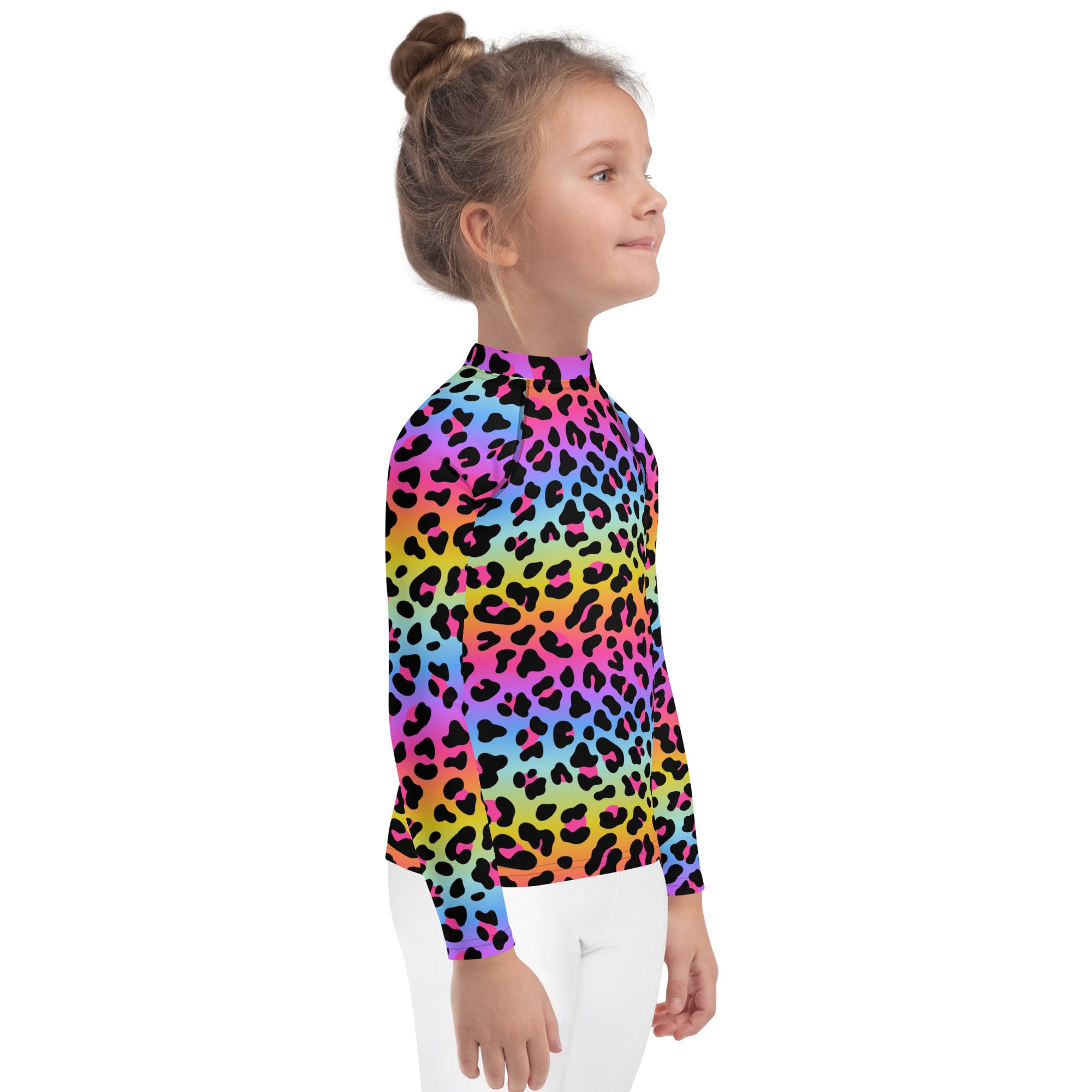 Girls Rainbow Cheetah Long Sleeve Rash Guard Swim Shirt - UPF 50+