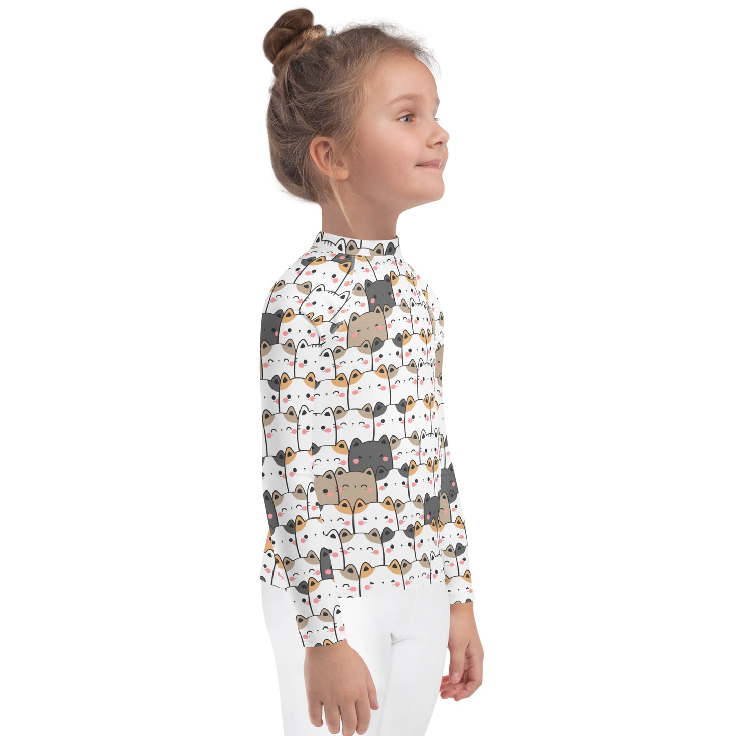 Girls Kawaii Cat Face Long Sleeve Rash Guard Swim Shirt With UPF 50+