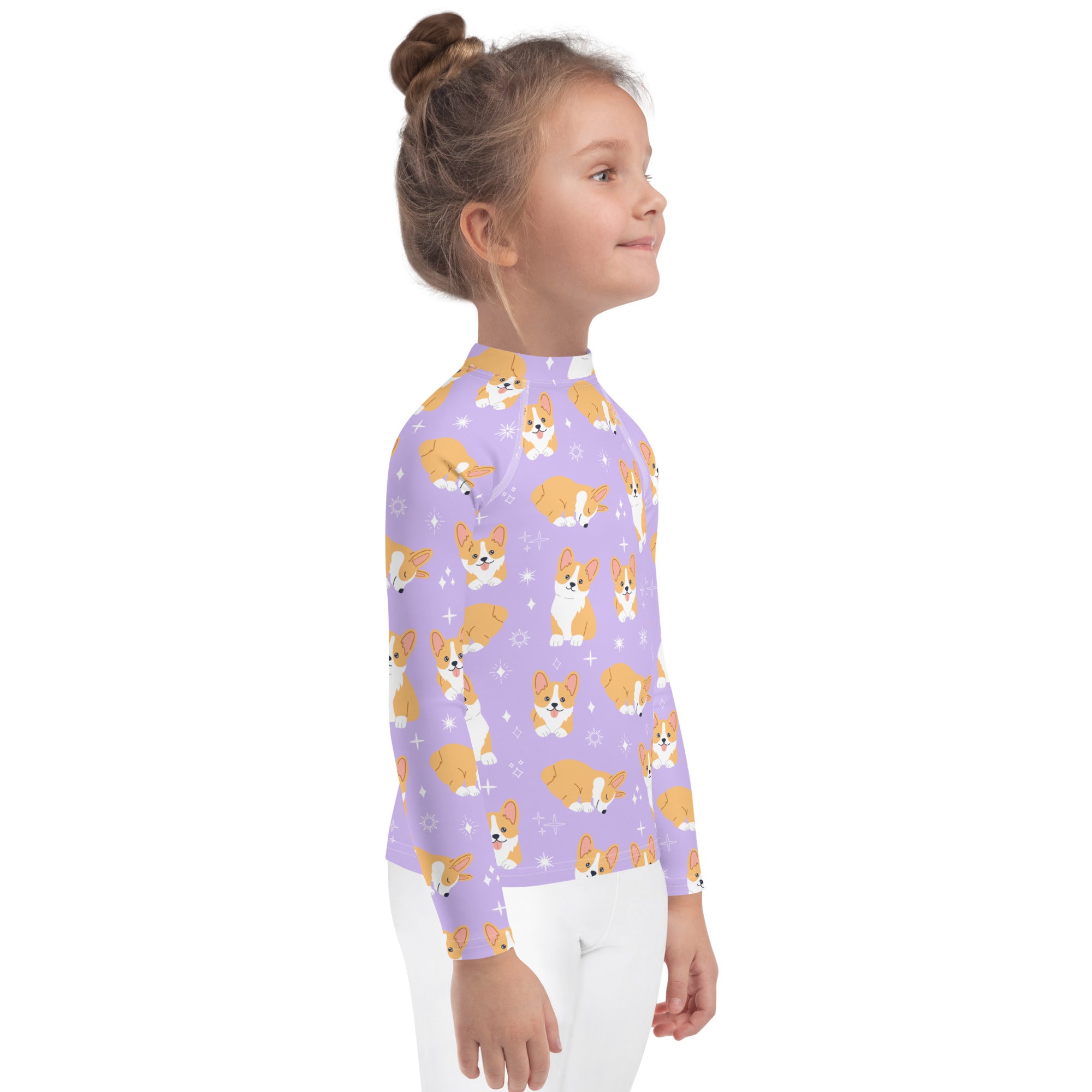 Girls Purple Corgi Dog Long Sleeve Rash Guard Swim Shirt With UPF 50+