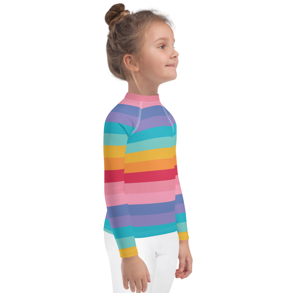 Girls bright rainbow long sleeve rash guard swim shirt with upf 50 plus featuring vibrant horizontal rainbow stripes