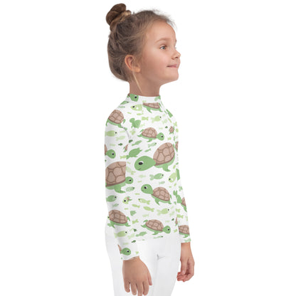 Kids Green Sea Turtle Long Sleeve Rash Guard Swim Shirt With UPF 50+