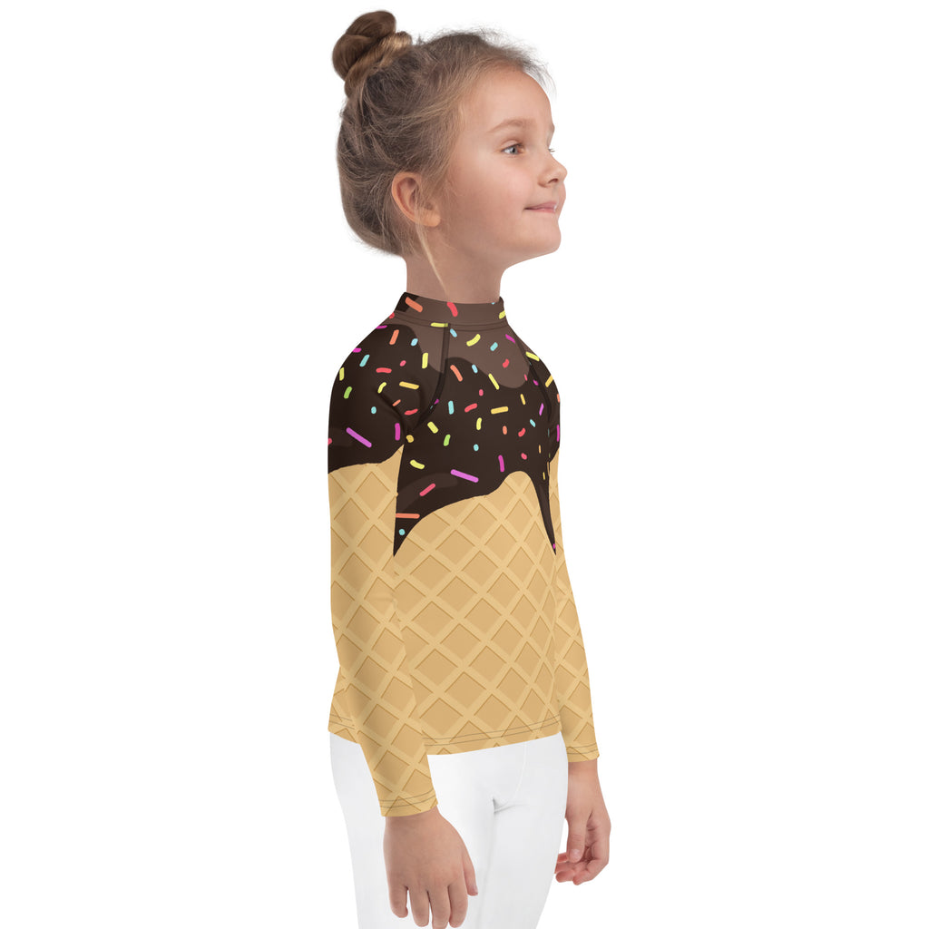 Kids chocolate ice cream waffle cone long sleeve rash guard swim shirt with upf 50 plus and colorful sprinkles design
