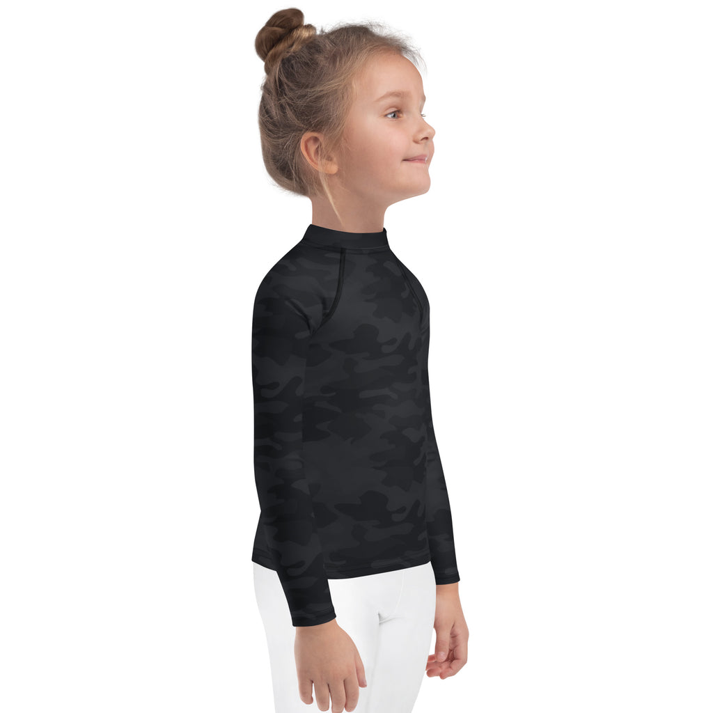 Kids black camouflage long sleeve rash guard swim shirt with upf 50 plus for sun protection and water activities