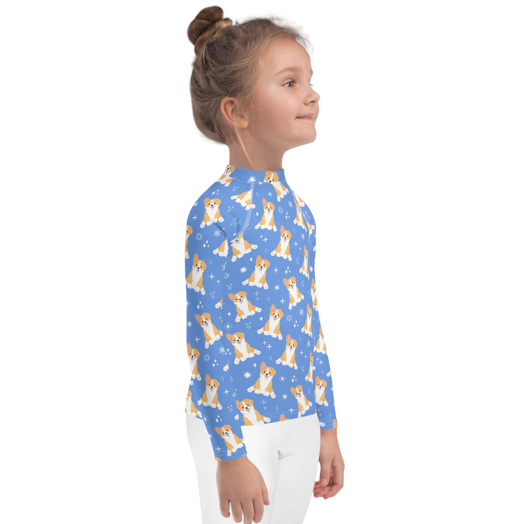 Kids Blue Corgi Dog Long Sleeve Rash Guard Swim Shirt With UPF 50+