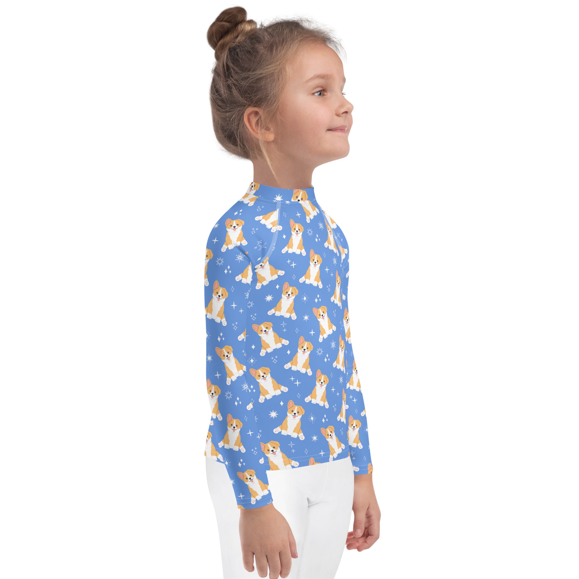 Kids Blue Corgi Dog Long Sleeve Rash Guard Swim Shirt With UPF 50+