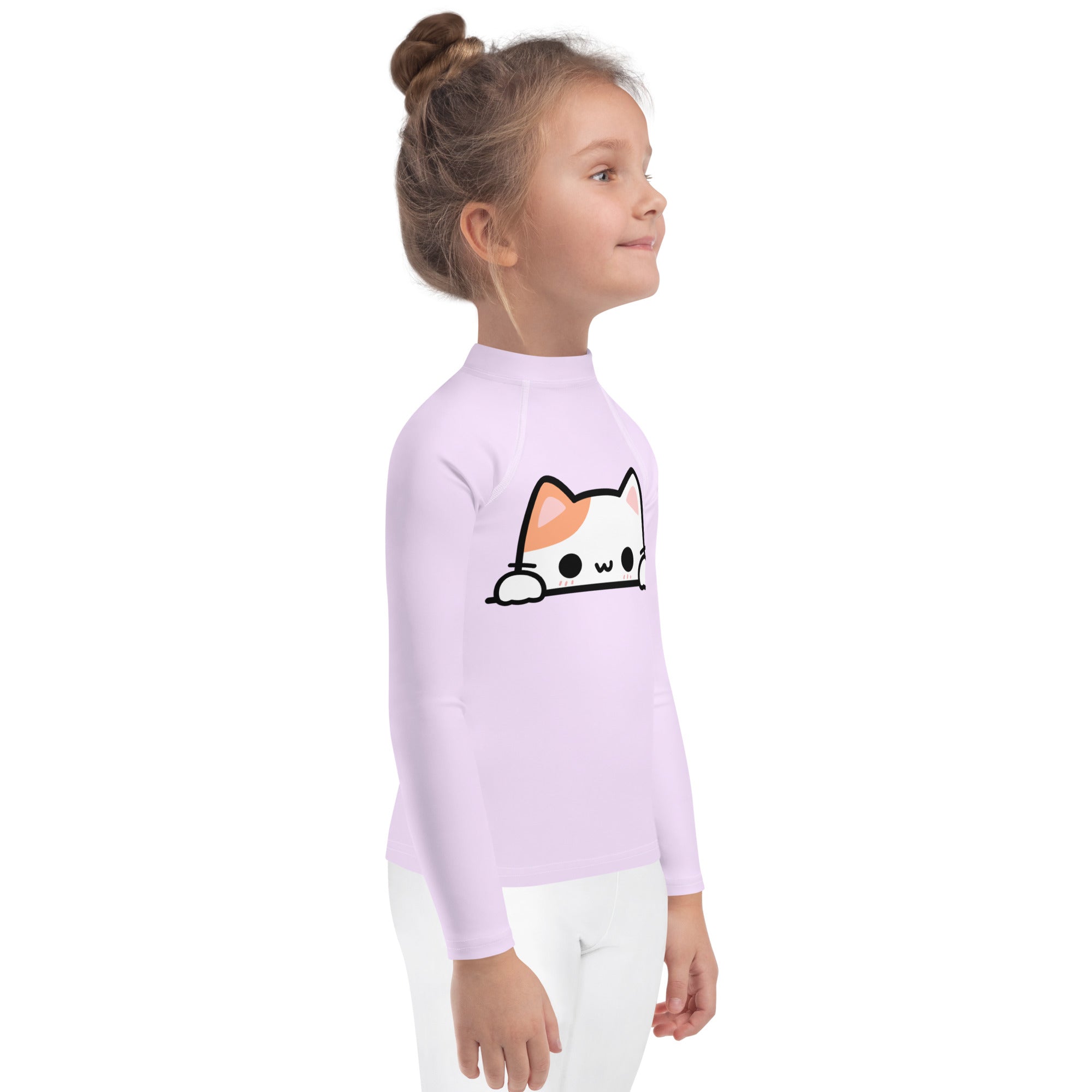 Girls Peeking Cat Long Sleeve Rash Guard Swim Shirt With UPF 50+