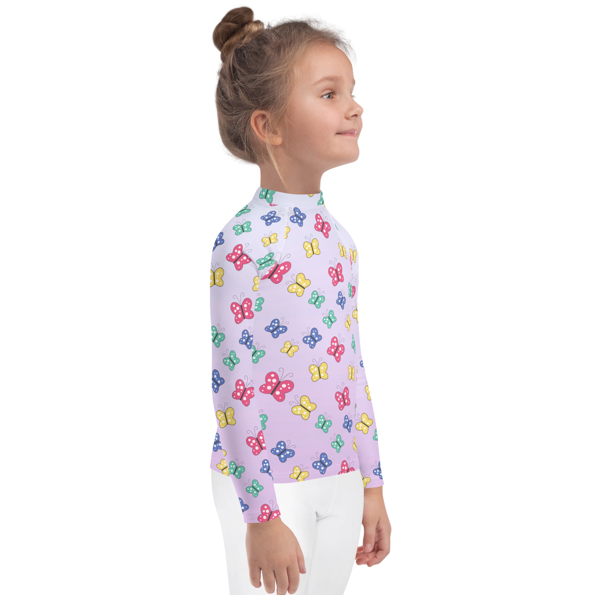 Girls colorful butterfly long sleeve rash guard swim shirt with UPF 50 plus in lavender with multicolored butterfly pattern