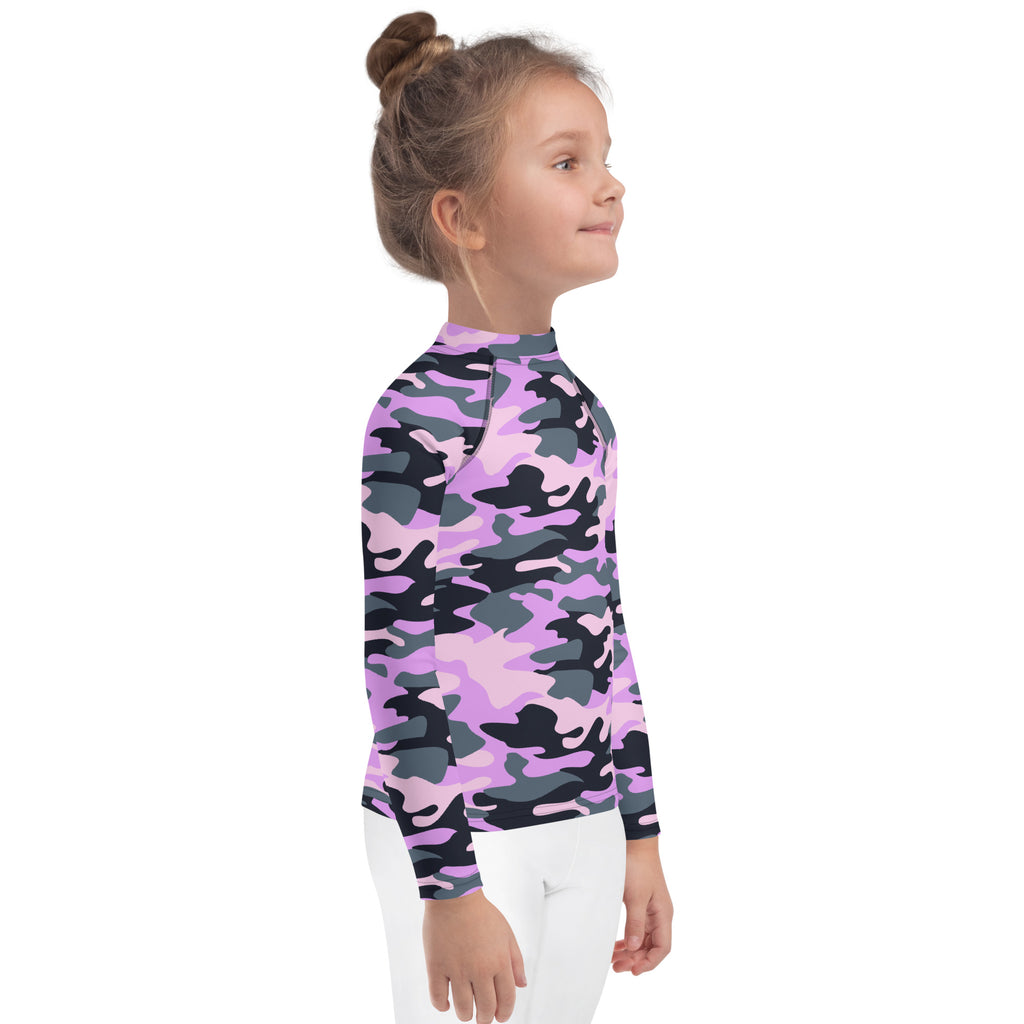 Girls purple camouflage long sleeve rash guard swim shirt with upf 50 plus in vibrant lavender and dark gray pattern