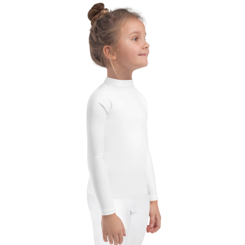 Kids white long sleeve rash guard swim shirt with upf 50 plus made of lightweight fabric for sun protection