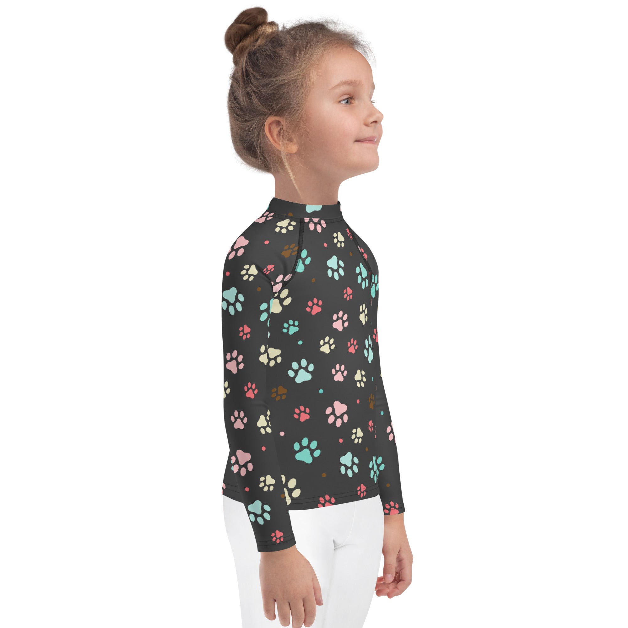 Kids Paw Print Long Sleeve Rash Guard Swim Shirt With UPF 50+