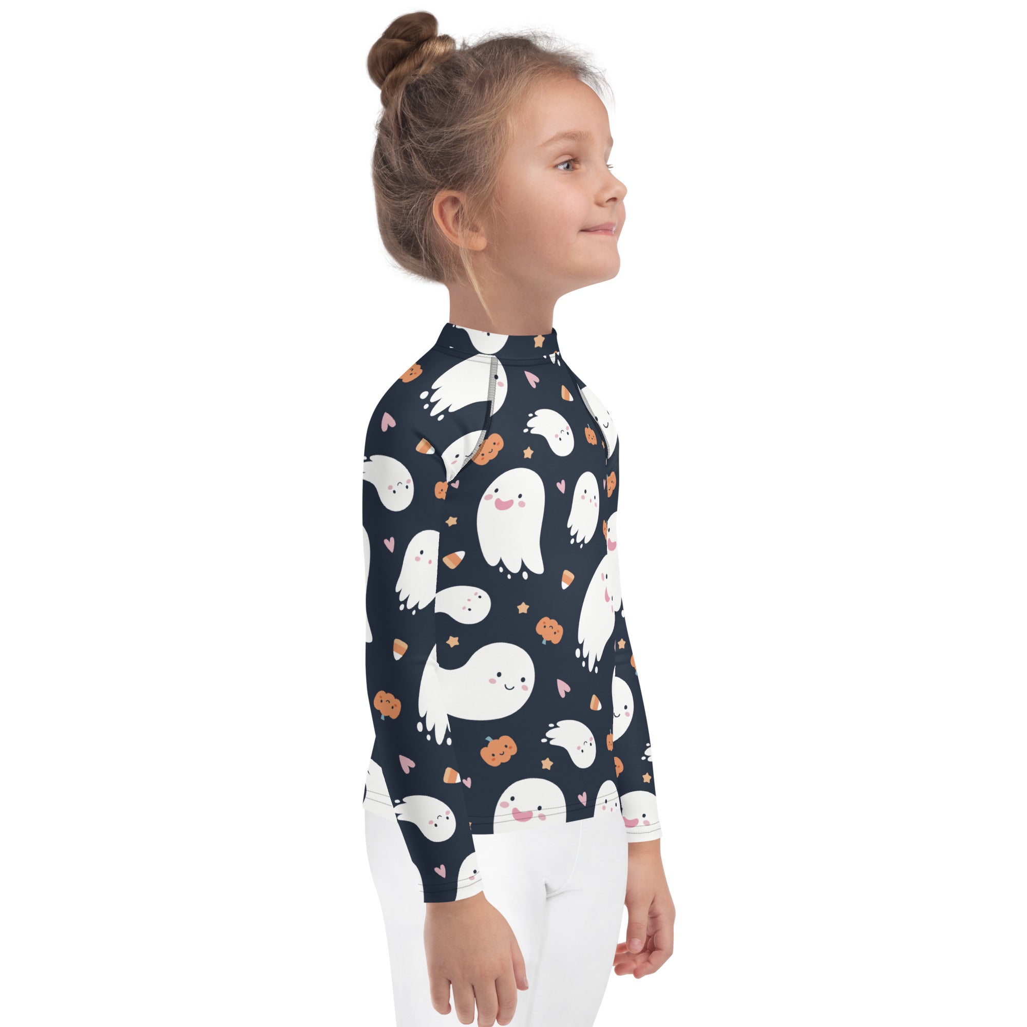 Kids ghost Halloween rash guard navy blue long-sleeved shirt with white ghosts orange pumpkins and pink hearts pattern