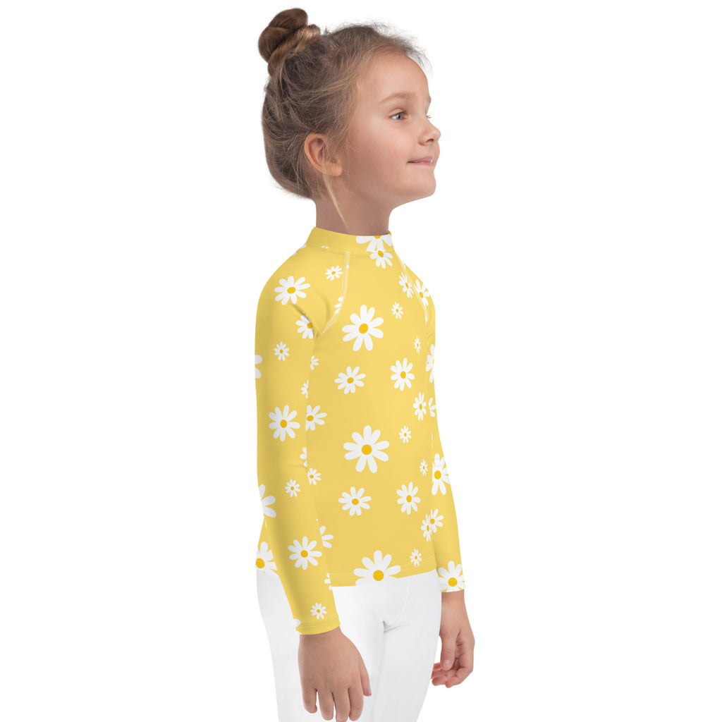 Girls Yellow Daisy Long Sleeve Rash Guard Swim Shirt With UPF 50+