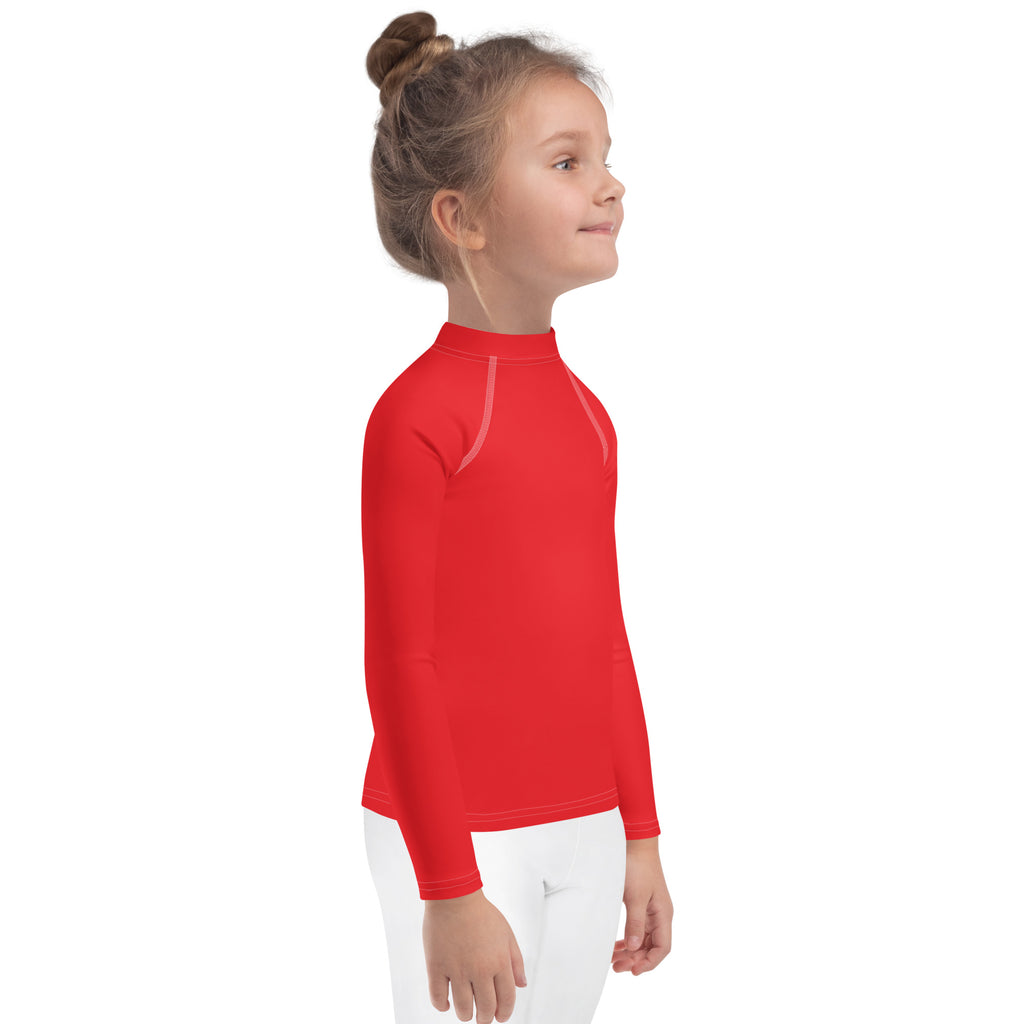 Kids red long sleeve rash guard swim shirt with upf 50 plus featuring a vibrant color and subtle white seam detailing