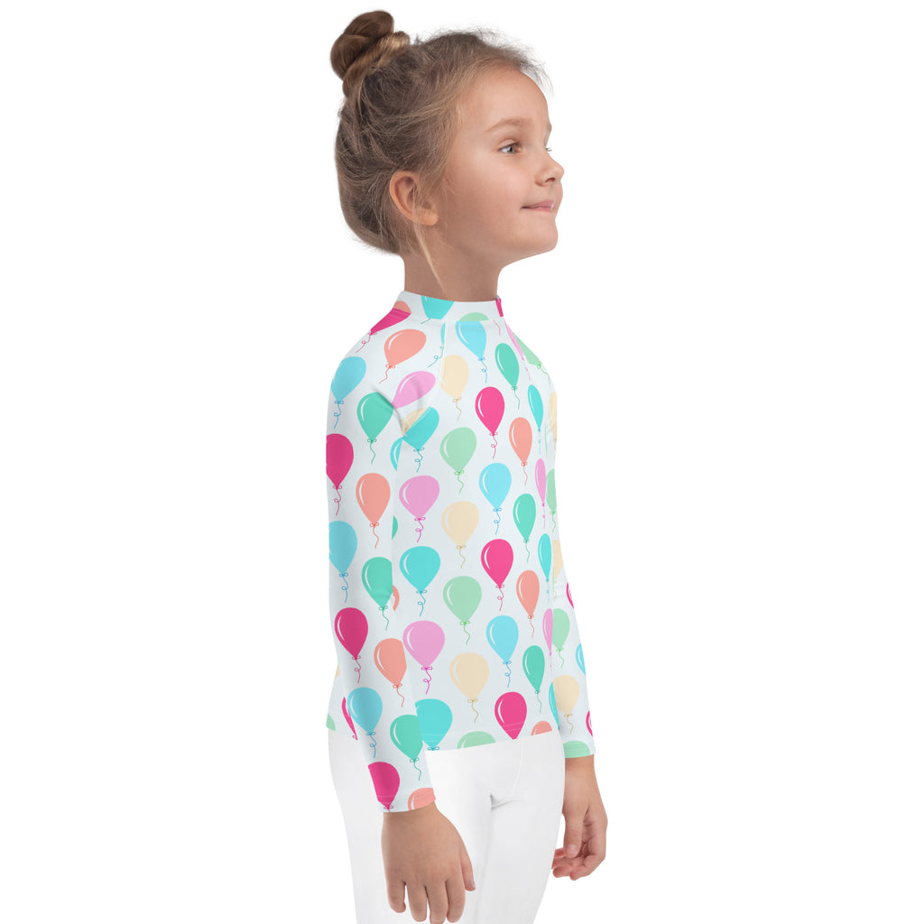 Kids birthday balloons long sleeve rash guard swim shirt with upf 50 plus featuring multicolored balloon pattern on white