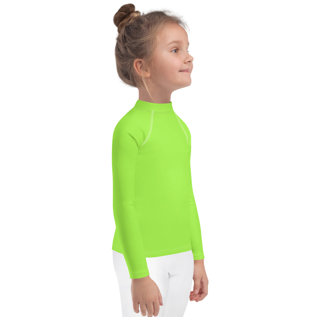 Kids lime green long sleeve rash guard swim shirt with upf 50 plus bright neon green fabric for sun protection