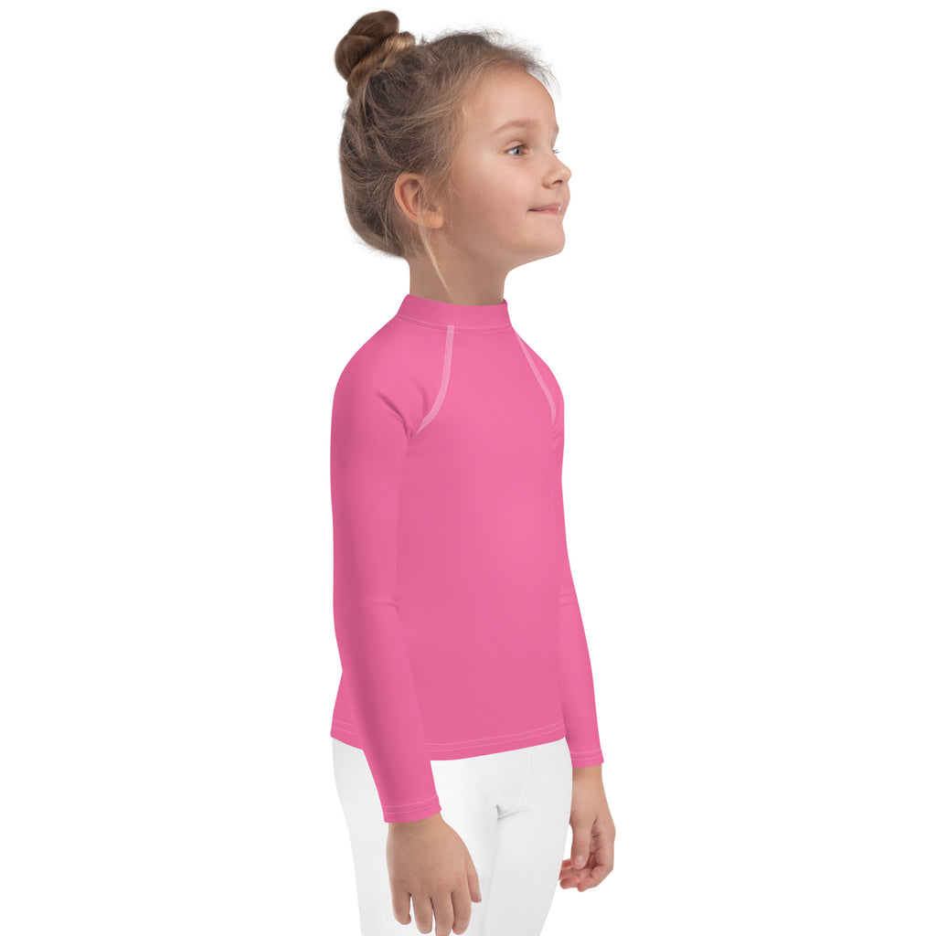 Girls pink long sleeve rash guard swim shirt with upf 50 plus featuring a high collar and white seam detailing