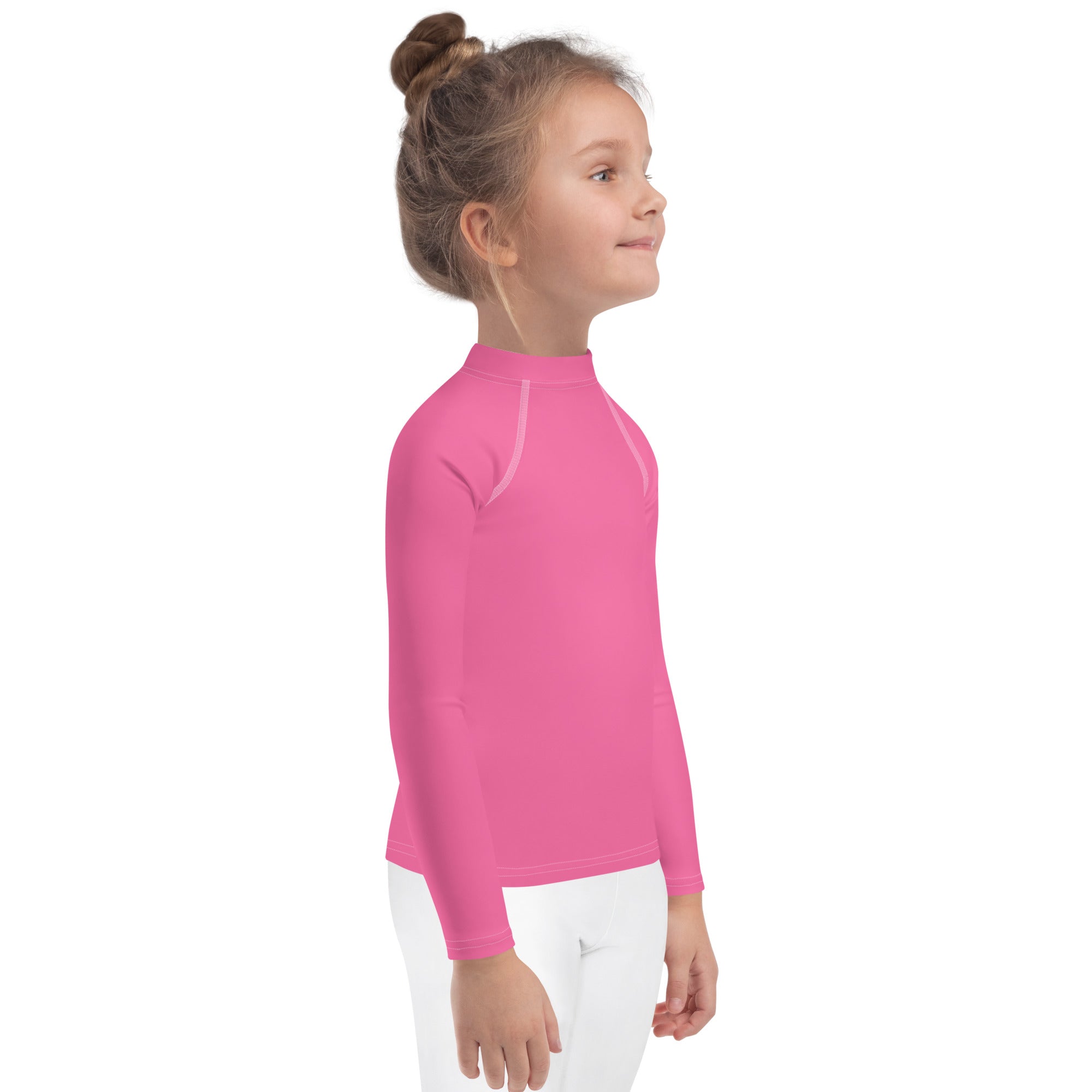 Girls pink long sleeve rash guard swim shirt with upf 50 plus featuring a high collar and white seam detailing