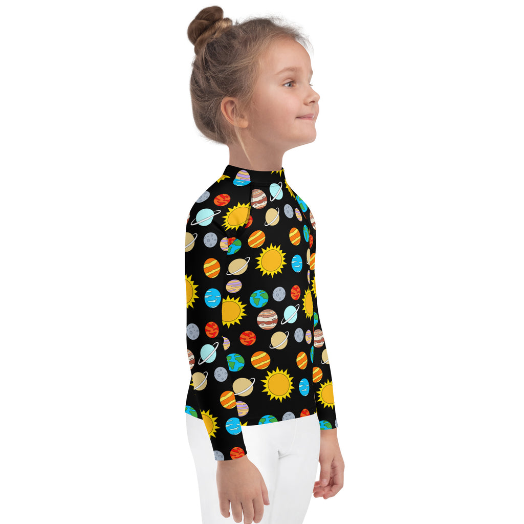 Black long sleeve kids rash guard swim shirt with colorful cartoon planets suns pattern and upf 50+ sun protection