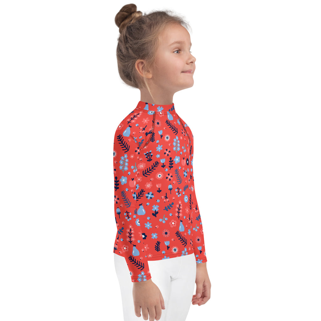 Girls red floral long sleeve rash guard swim shirt with upf 50 plus featuring blue and black botanical illustrations