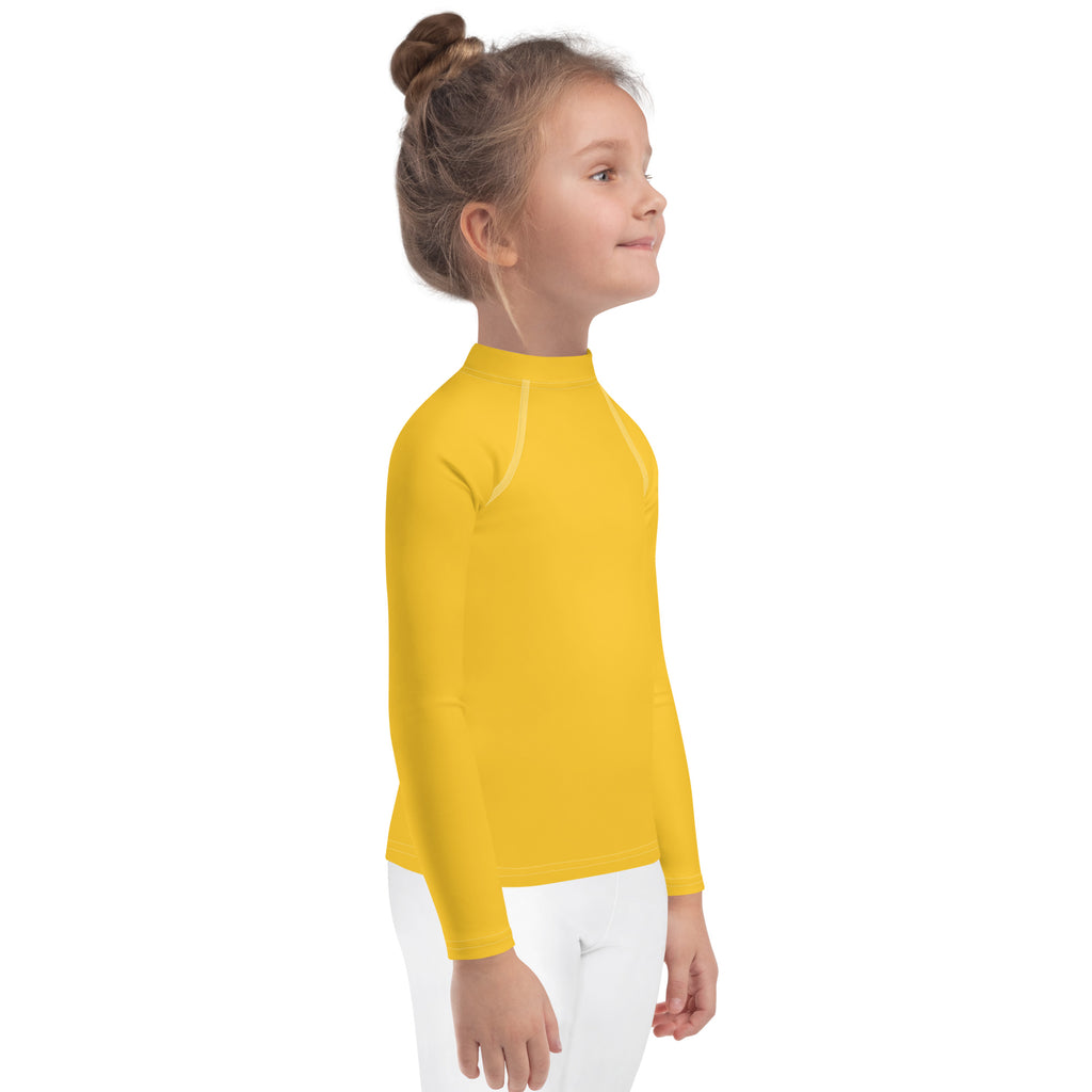 Kids yellow long sleeve rash guard swim shirt with UPF 50 plus high collar and subtle seam detailing