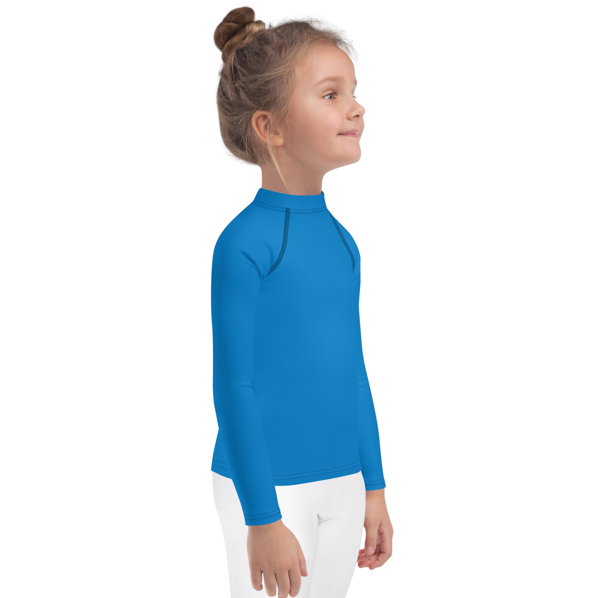 Kids navy blue long sleeve rash guard swim shirt with upf 50 plus featuring bright blue high collar and seamless construction