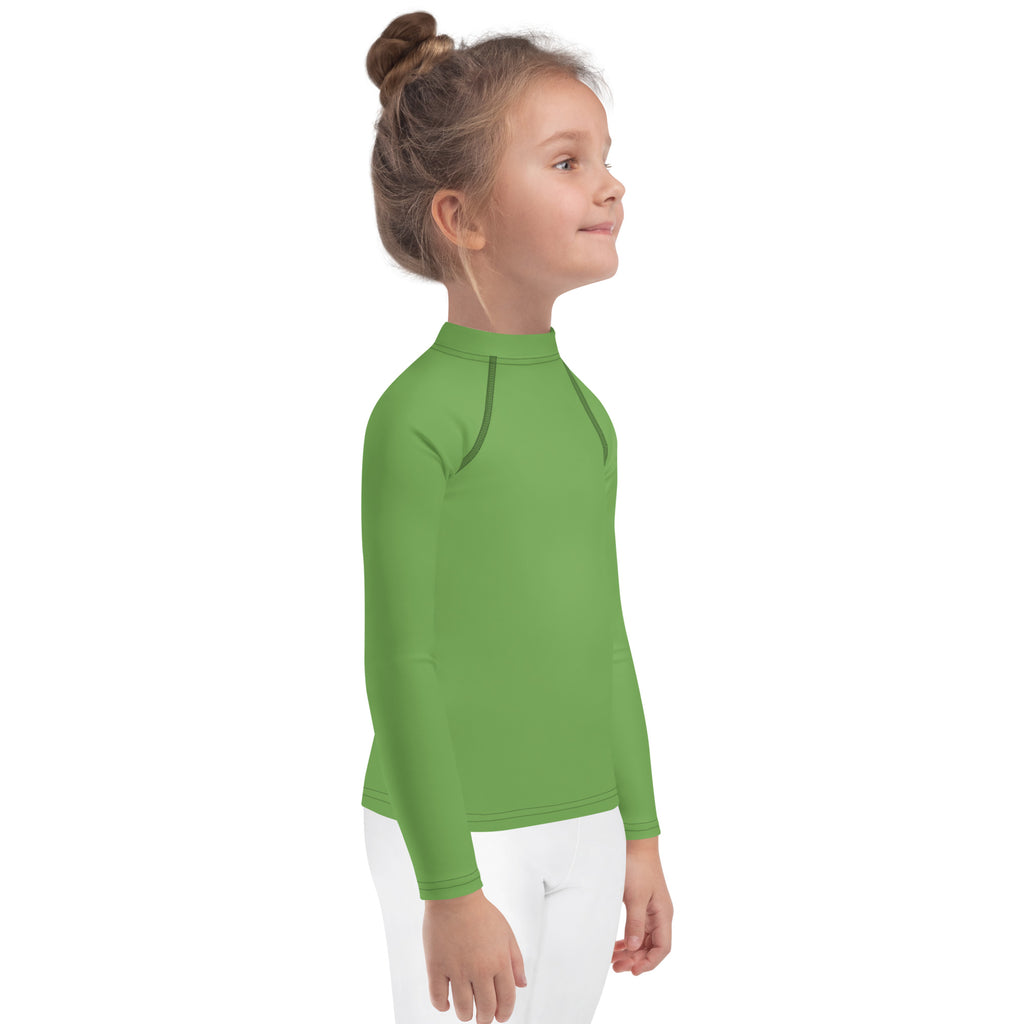 A kids green long sleeve rash guard swim shirt with upf 50 plus featuring a vibrant color and subtle seam detailing