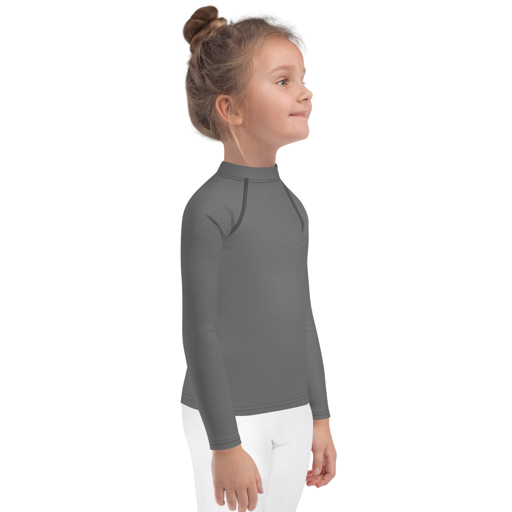 Kids gray long sleeve rash guard swim shirt with high collar subtle seam detailing and UPF 50 plus protection
