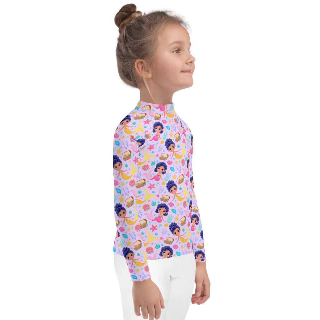 Pink girls long sleeve rash guard swim shirt with upf 50 plus featuring cartoon mermaids purple hair seashells starfish pattern