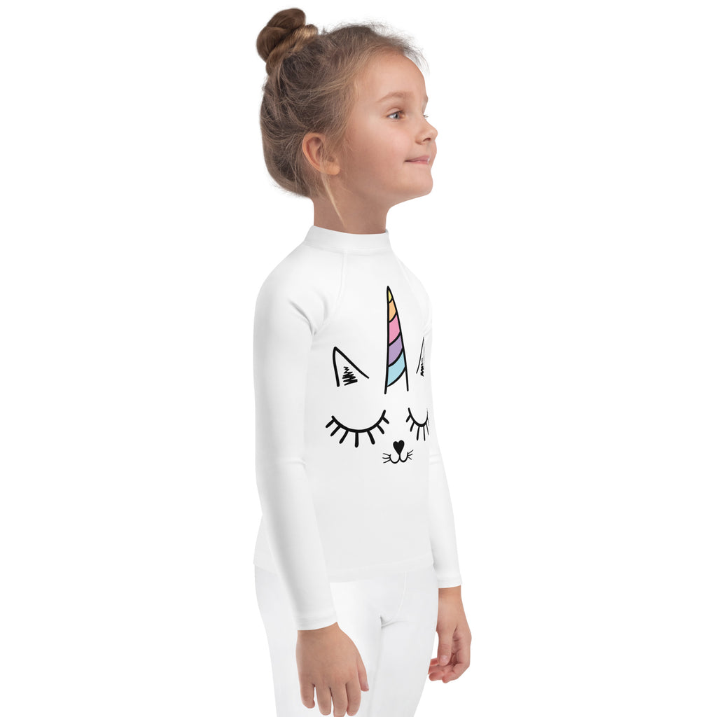 White long-sleeved girls caticorn rash guard swim shirt with unicorn cat face and upf 50 plus sun protection