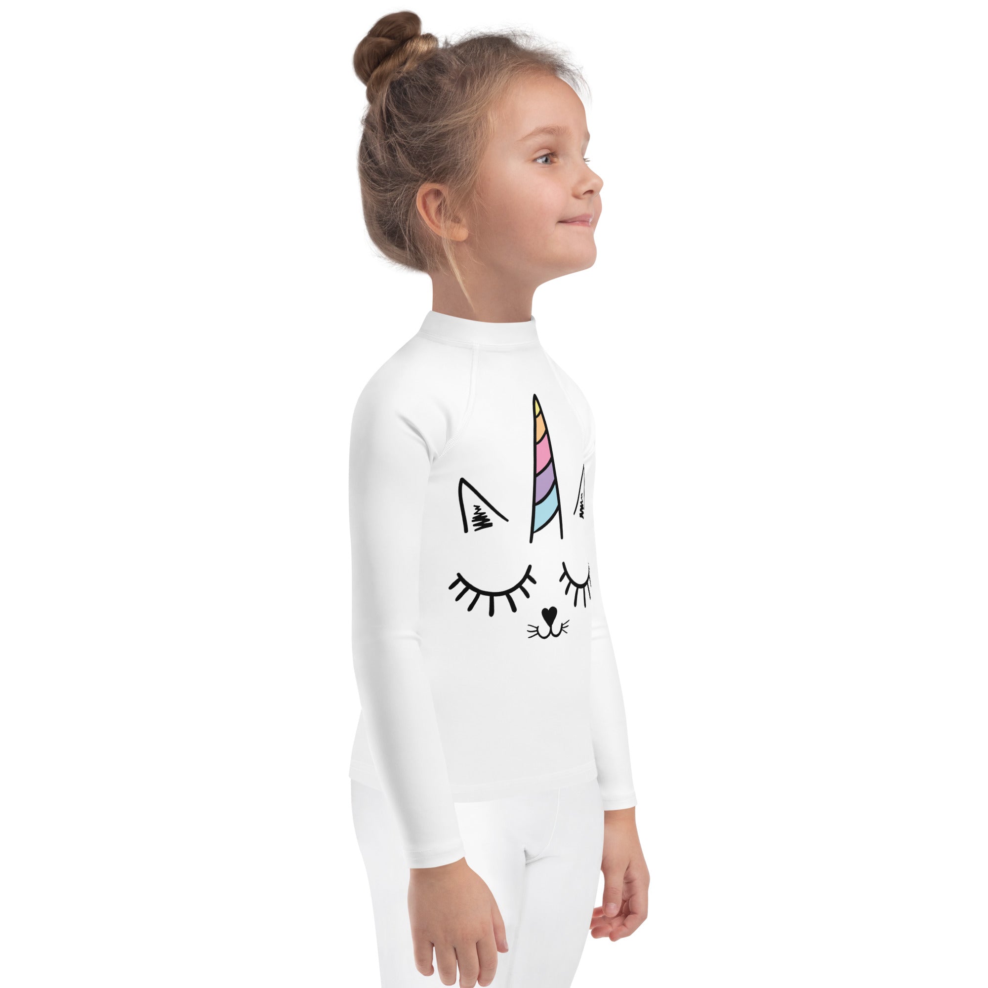 White long-sleeved girls caticorn rash guard swim shirt with unicorn cat face and upf 50 plus sun protection