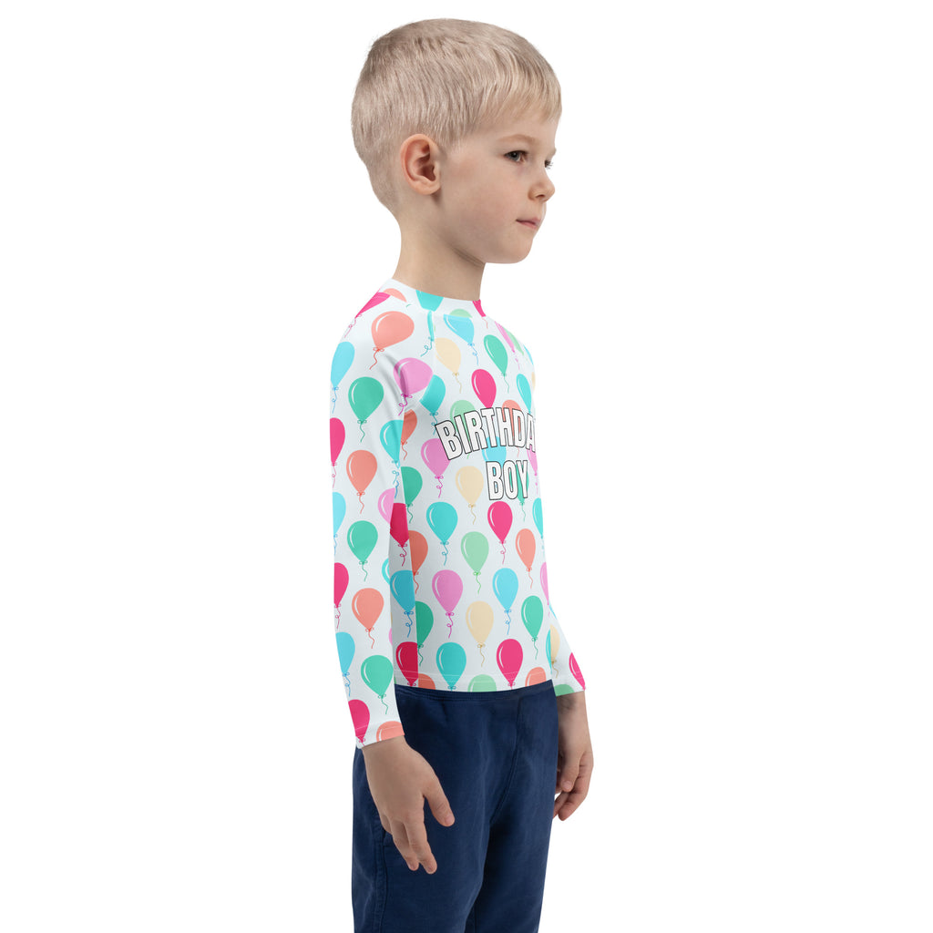 Birthday boy colorful balloons long sleeve rash guard swim shirt with upf 50 plus featuring playful balloon pattern