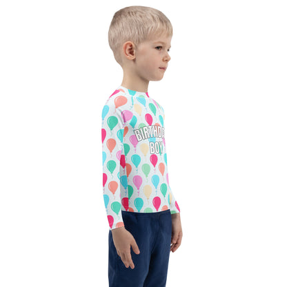Birthday Boy Colorful Balloons Long Sleeve Rash Guard Swim Shirt With UPF 50+