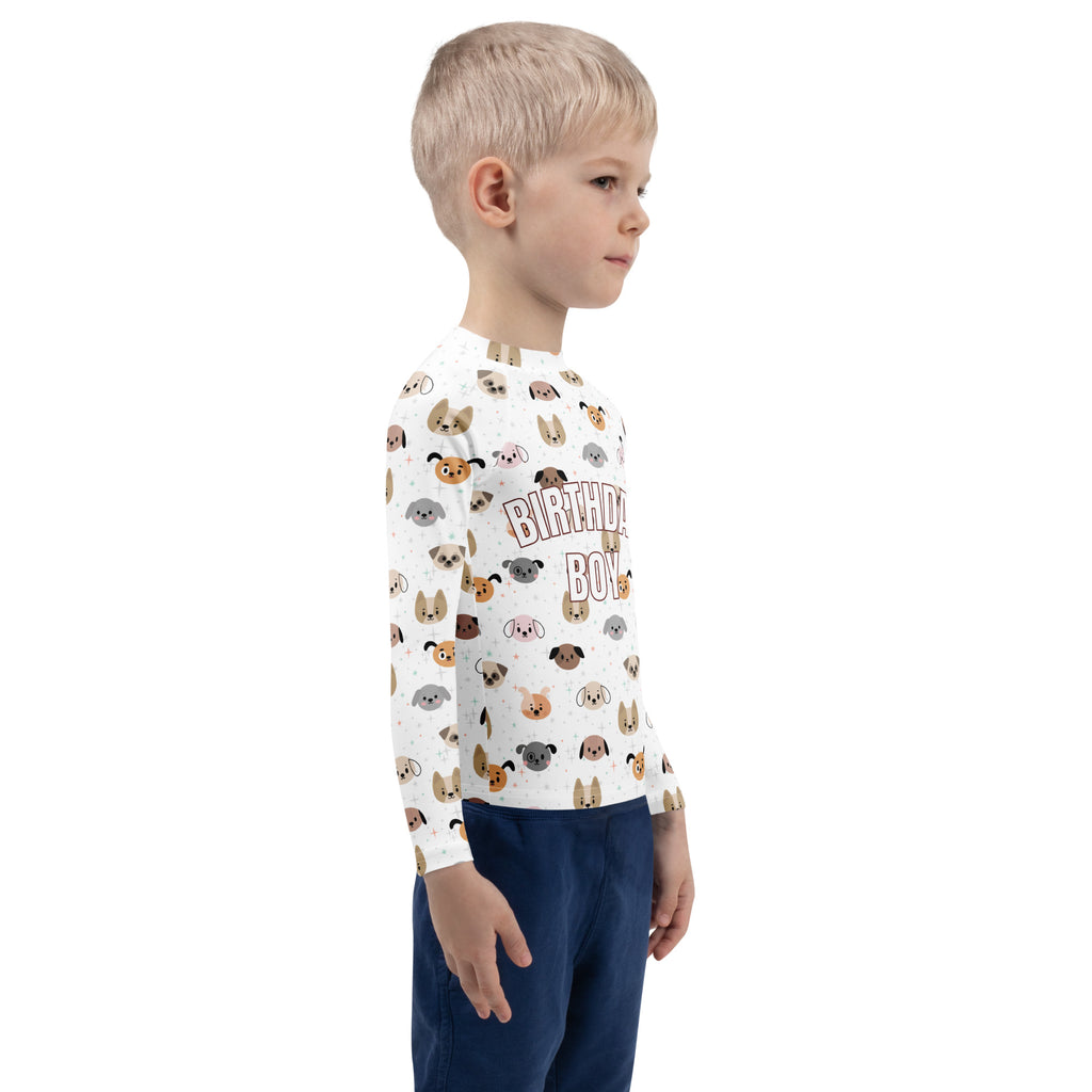 White long-sleeved birthday boy dog face rash guard swim shirt with playful cartoon dogs and upf 50+ protection