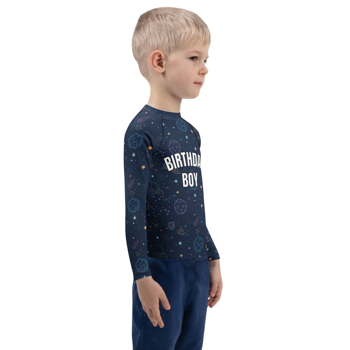 Birthday Boy Colorful Galaxy Space Long Sleeve Rash Guard Swim Shirt With UPF 50+