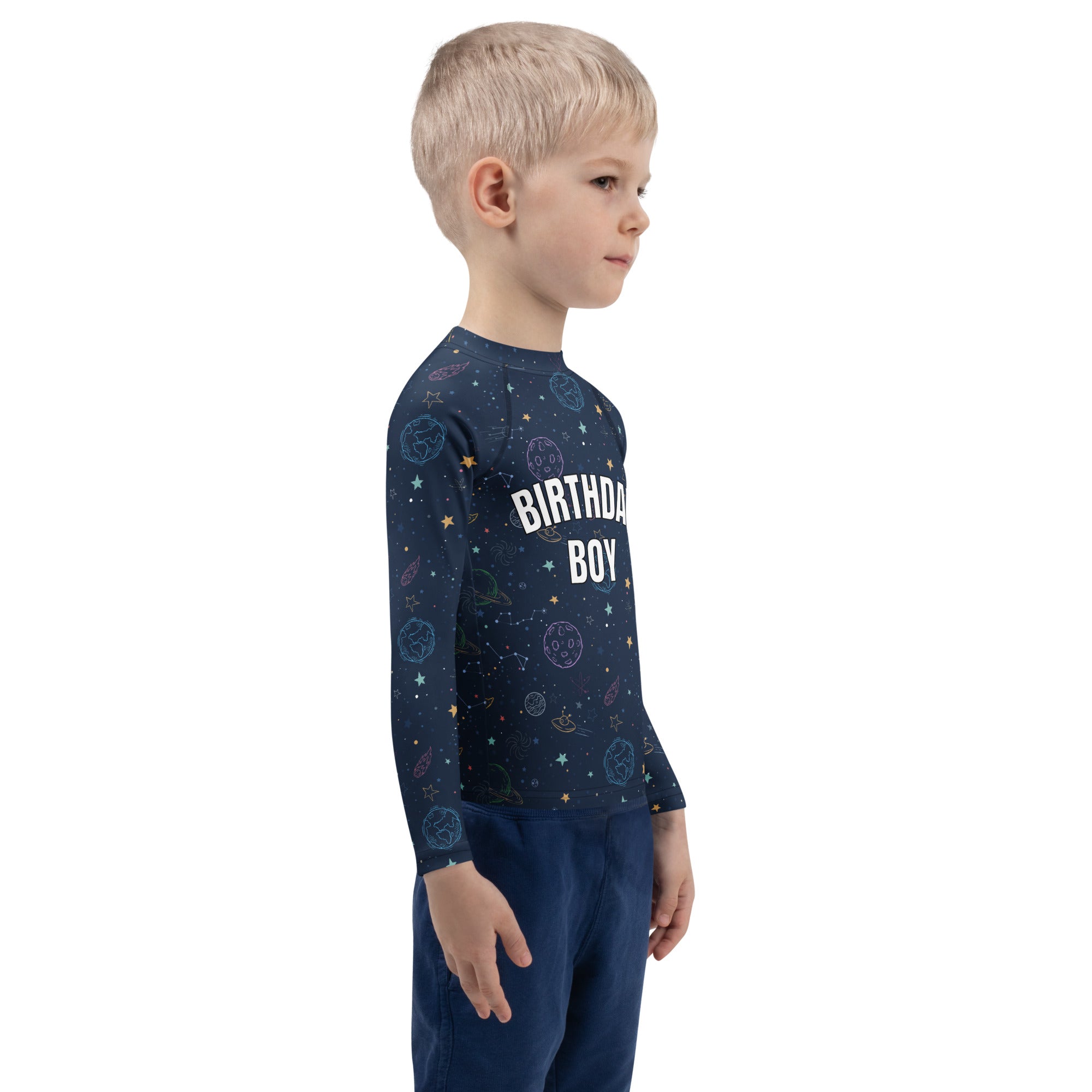 Navy blue long sleeve rash guard swim shirt with colorful galaxy print planets stars and birthday boy text with UPF 50+