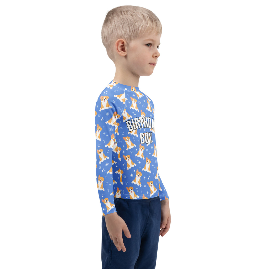 Birthday Boy Blue Corgi Dog Long Sleeve Rash Guard Swim Shirt With UPF 50+