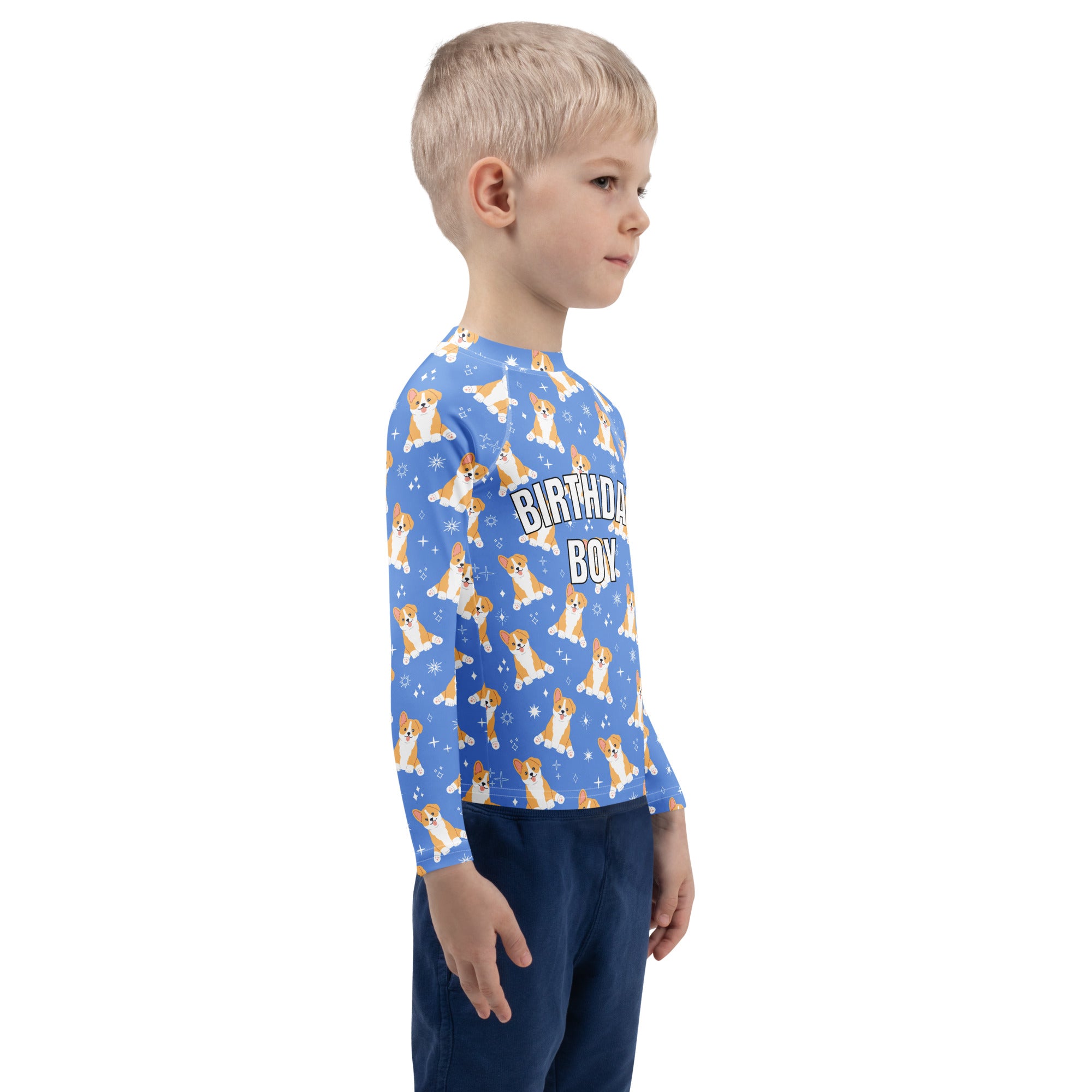 Birthday Boy Blue Corgi Dog Long Sleeve Rash Guard Swim Shirt With UPF 50+