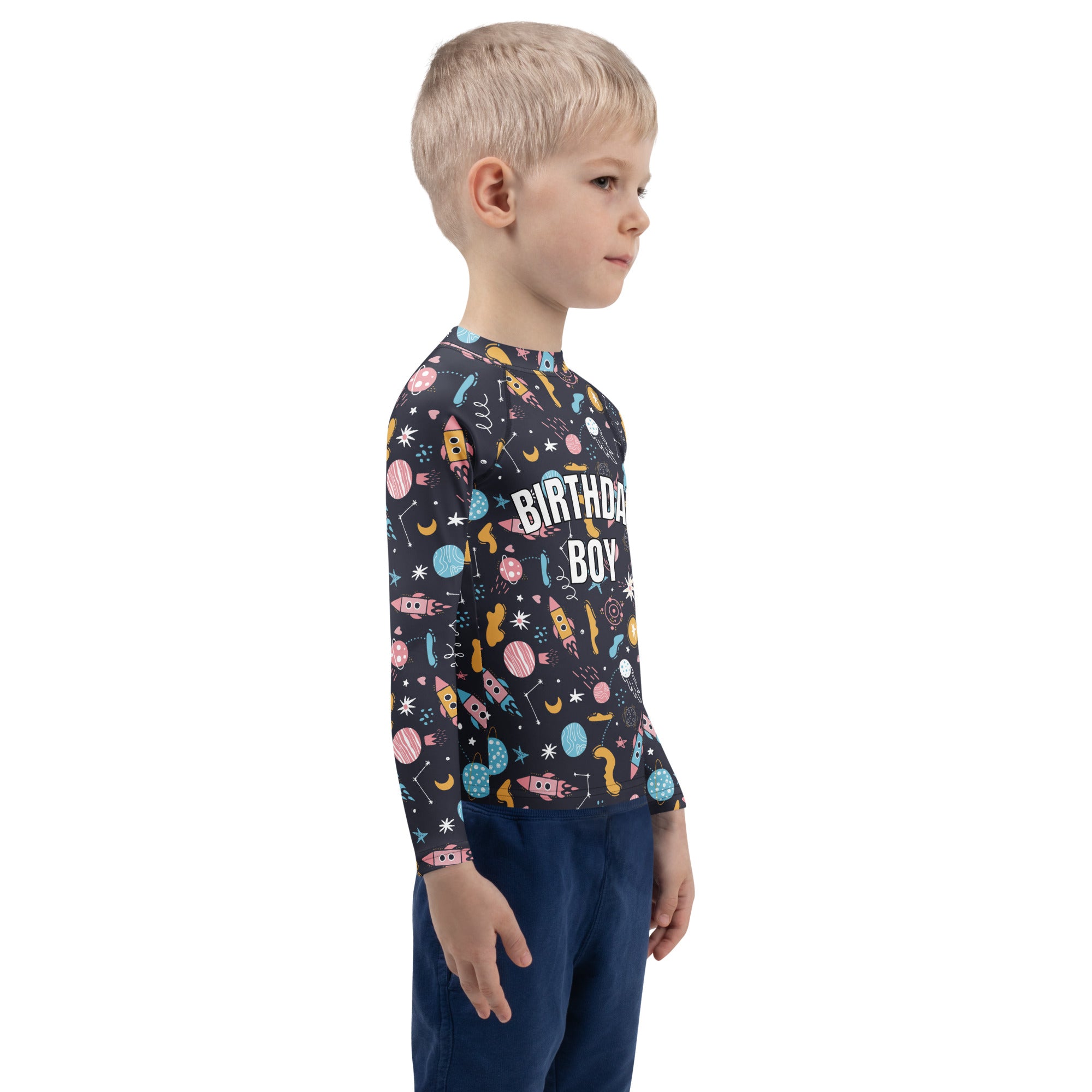 Birthday Boy Outer Space Long Sleeve Rash Guard Swim Shirt With UPF 50+