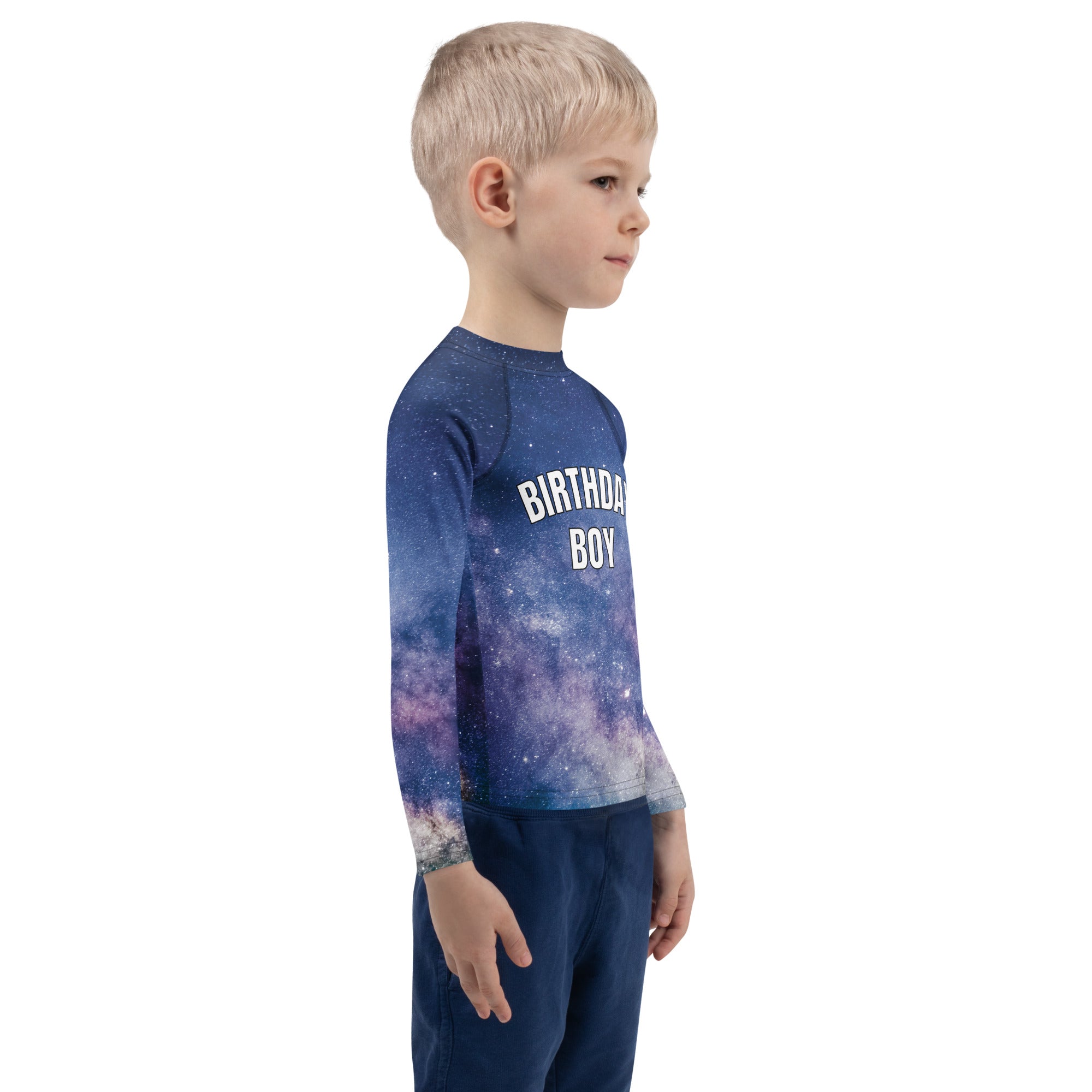 Blue long sleeve rash guard with galaxy print birthday boy text upf 50 plus sun protection swim shirt