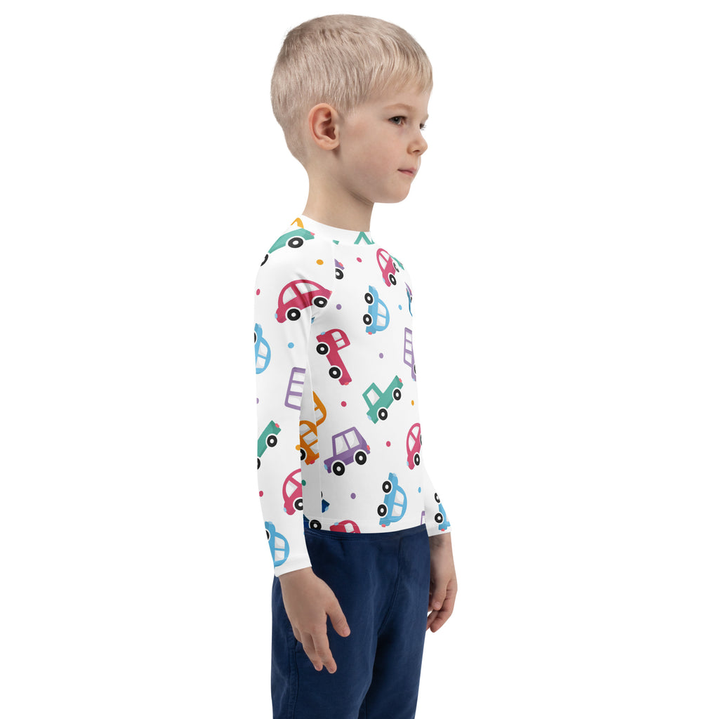 White long sleeve kids rash guard swim shirt with colorful cartoon cars pattern and upf 50 plus sun protection