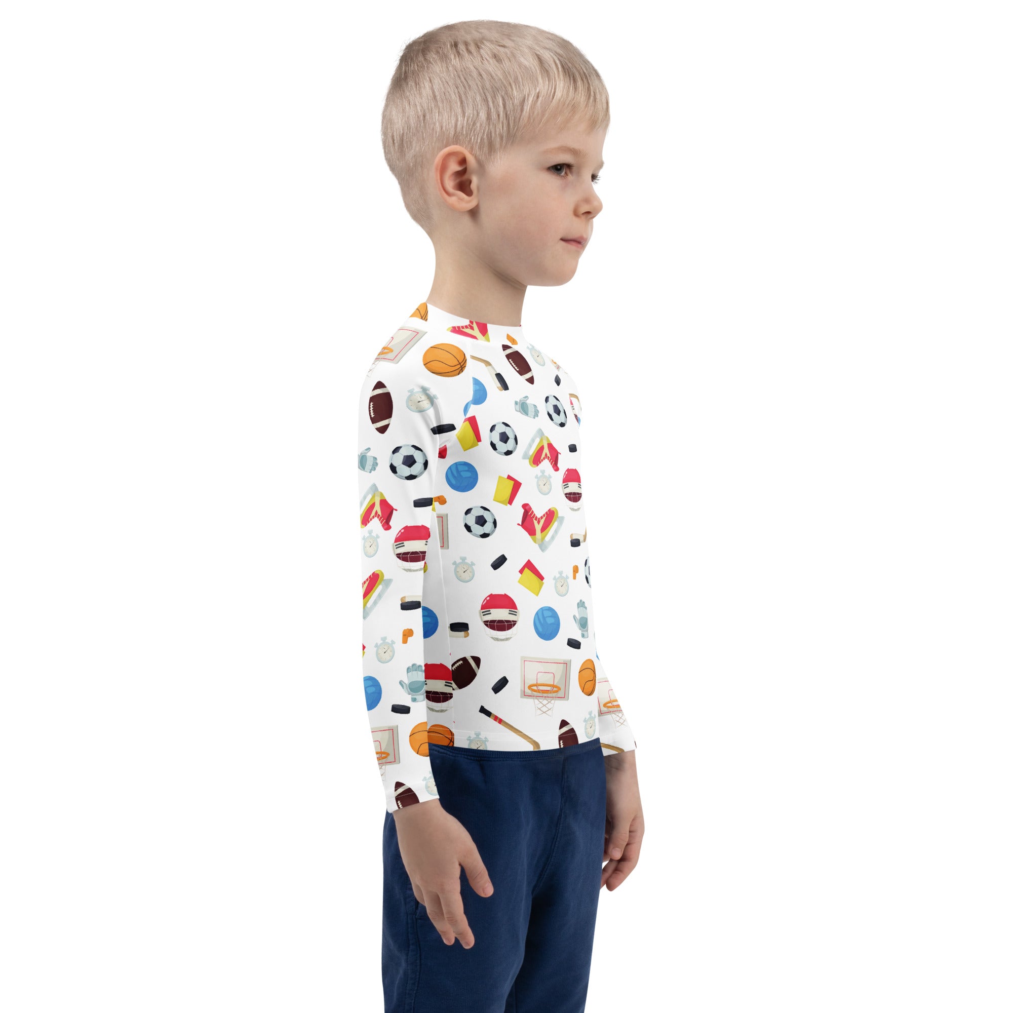 White long sleeve kids sports rash guard swim shirt with colorful football basketball soccer print and upf 50+ protection