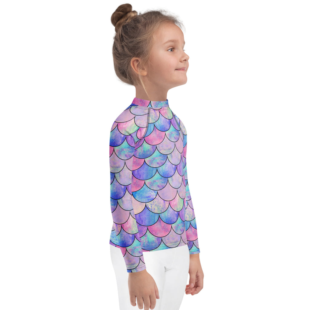 Girls Pastel Mermaid Long Sleeve Rash Guard Swim Shirt With UPF 50+