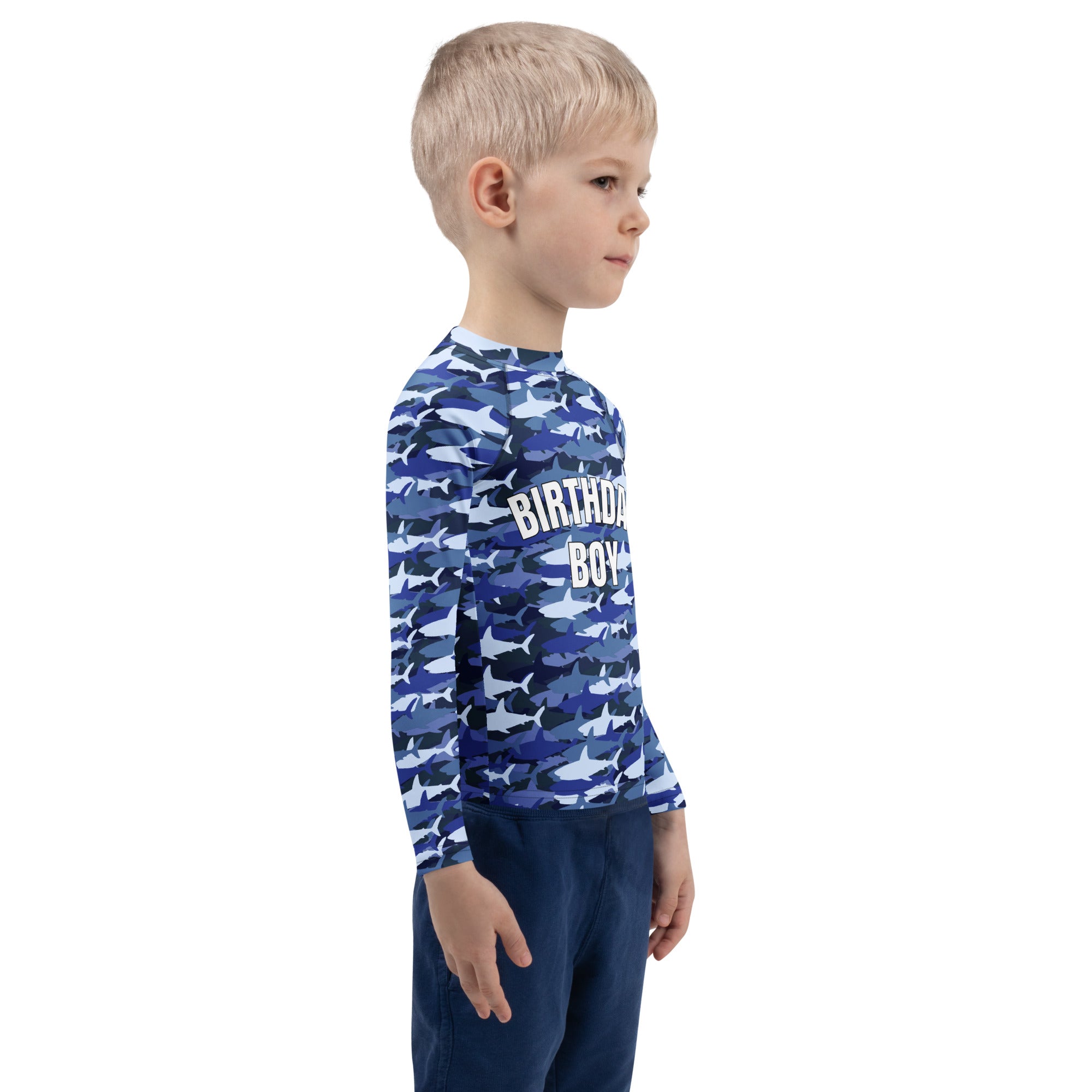 Blue long-sleeved rash guard with shark camouflage pattern and birthday boy text on chest for custom birthdays