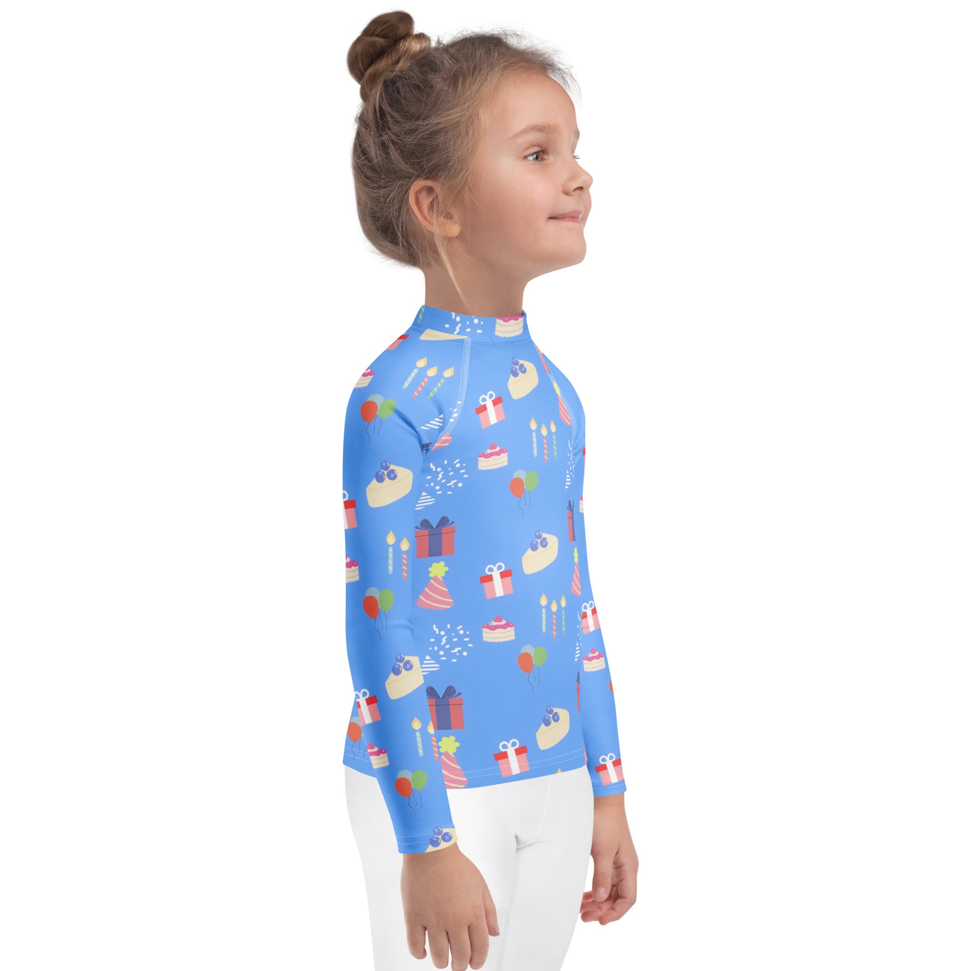 Kids blue long sleeve rash guard swim shirt with playful birthday cake gift and balloon pattern and UPF 50+ protection