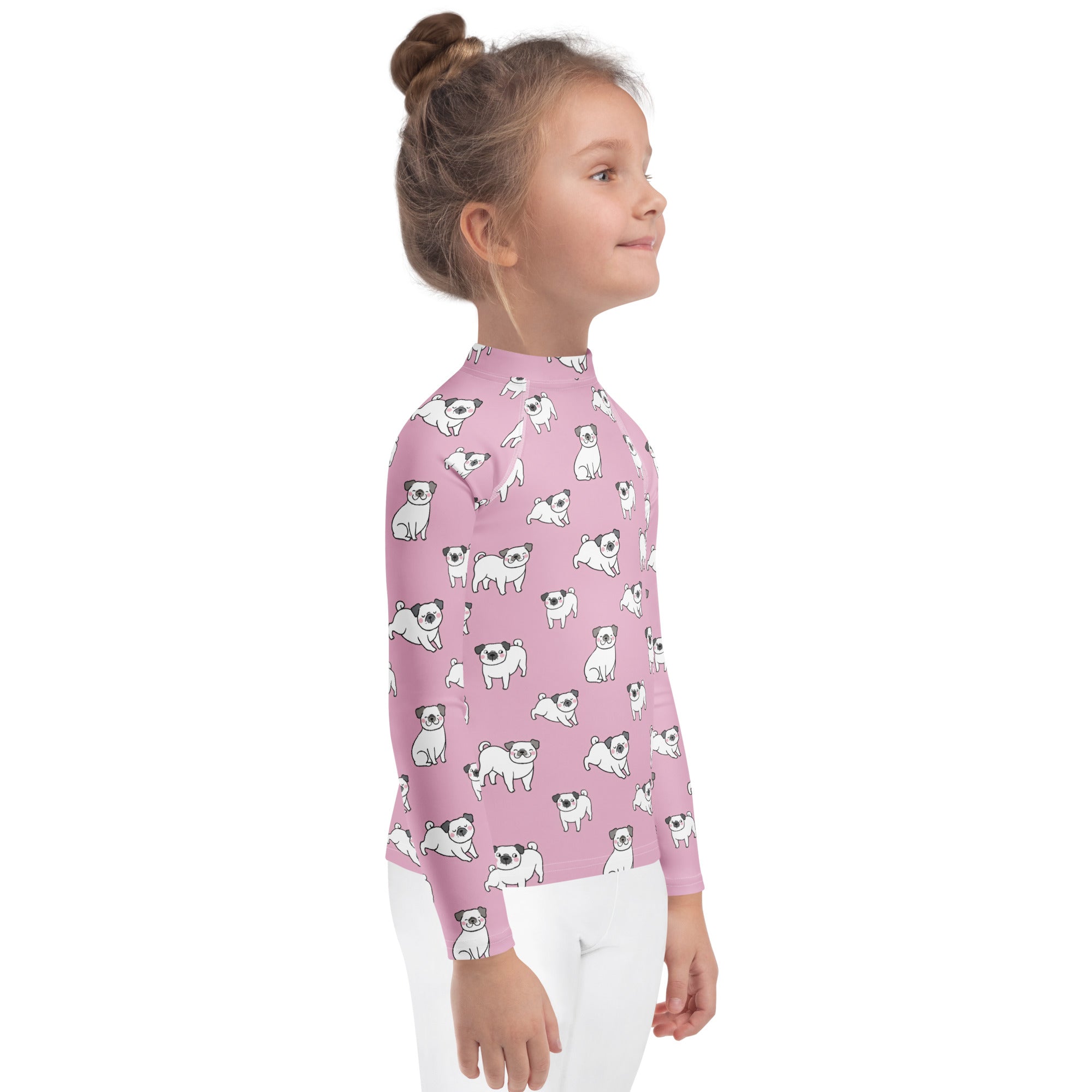 Girls Pink Pug Long Sleeve Rash Guard Swim Shirt With UPF 50+