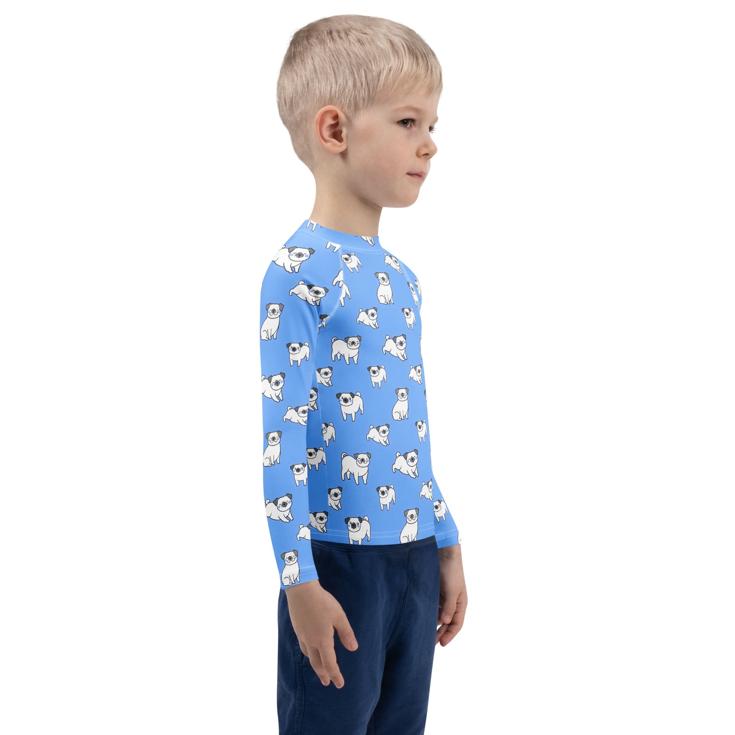 Kids Blue Pug Long Sleeve Rash Guard Swim Shirt With UPF 50+