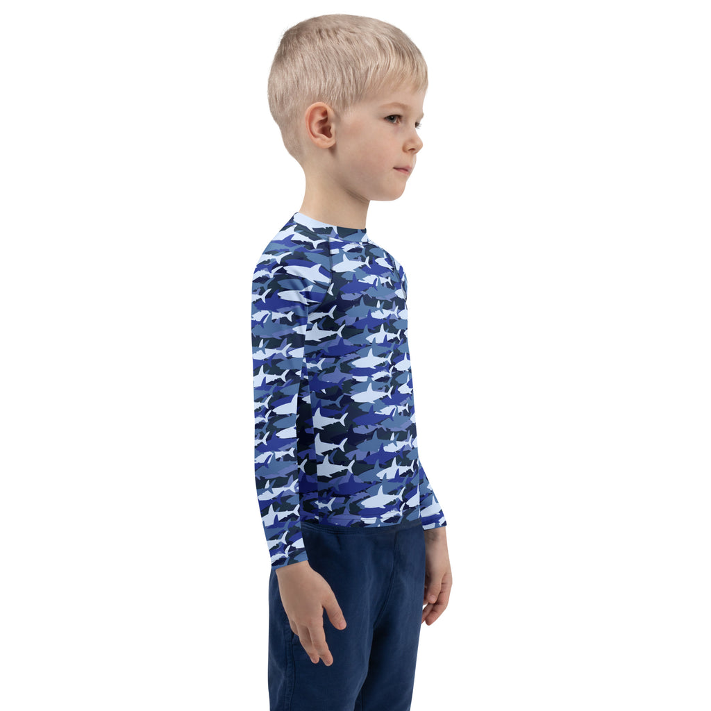 Kids blue and white shark camouflage long sleeve rash guard swim shirt with upf 50 plus for sun protection